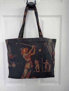 Vintage-Inspired Tapestry Golf Motif Tote Bag in Black & Brown
